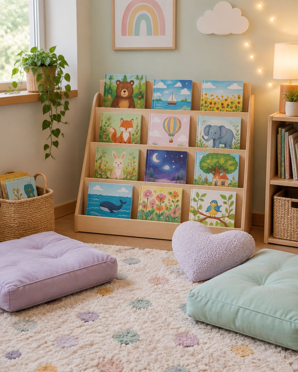 Reading corner with a picture-book display and pastel floor cushions